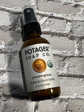 Load image into Gallery viewer, Potager Soap Company - Lemongrass Room and Linen Spray 2 oz Glass Bottle