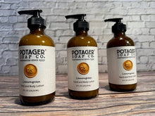 Load image into Gallery viewer, Potager Soap Company - Lemongrass Hand and Body Lotion 8 oz Glass Bottle