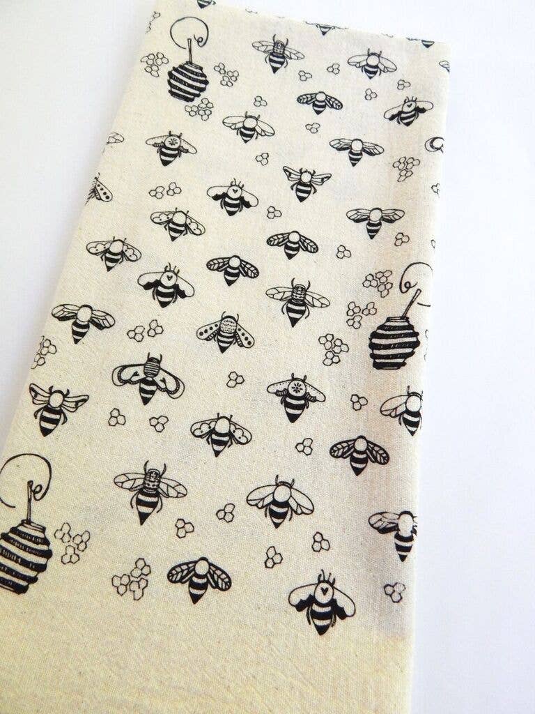 Bee Kitchen Towel, Handprinted Tea Towel: Black on Natural