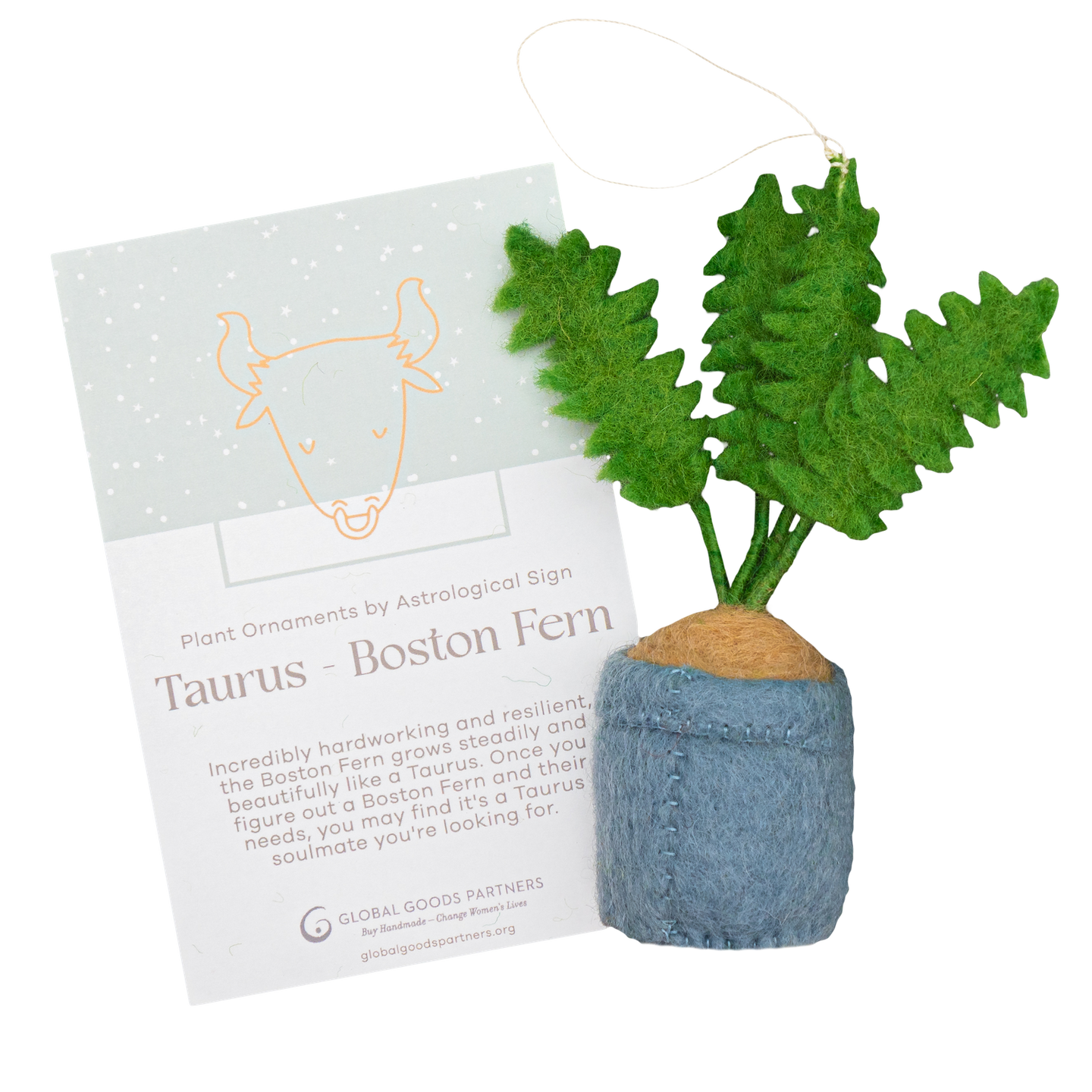 Global Goods Partners - Plant Ornament Astrology Signs With Card: Taurus / Boston Fern