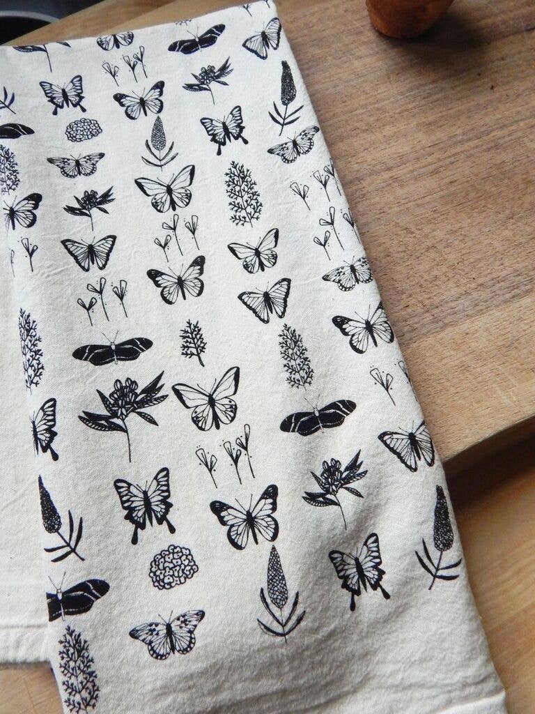 Butterfly Kitchen Towel, Handprinted Tea Towel: Black on Natural