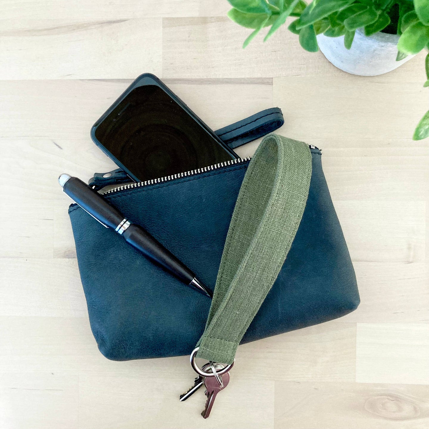 Green Linen Key Chain Fob Wristlet