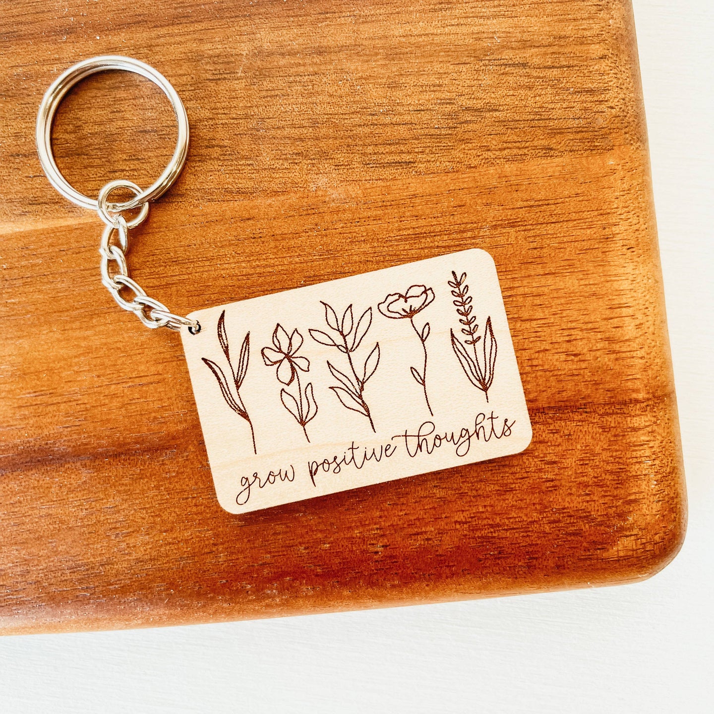 Grow Positive Thoughts Wooden Keychain