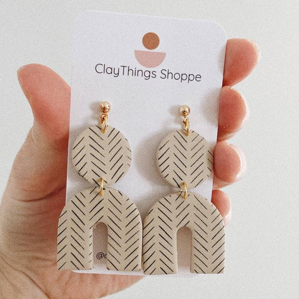 Avery in Cream Herringbone, Polymer Clay Dangles