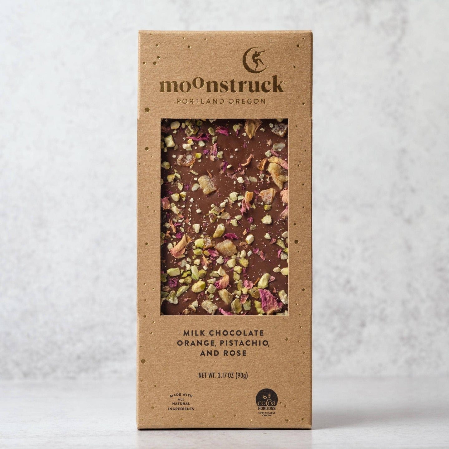 Moonstruck Chocolate Company - Milk Chocolate Orange, Pistachio, and Rose Bar