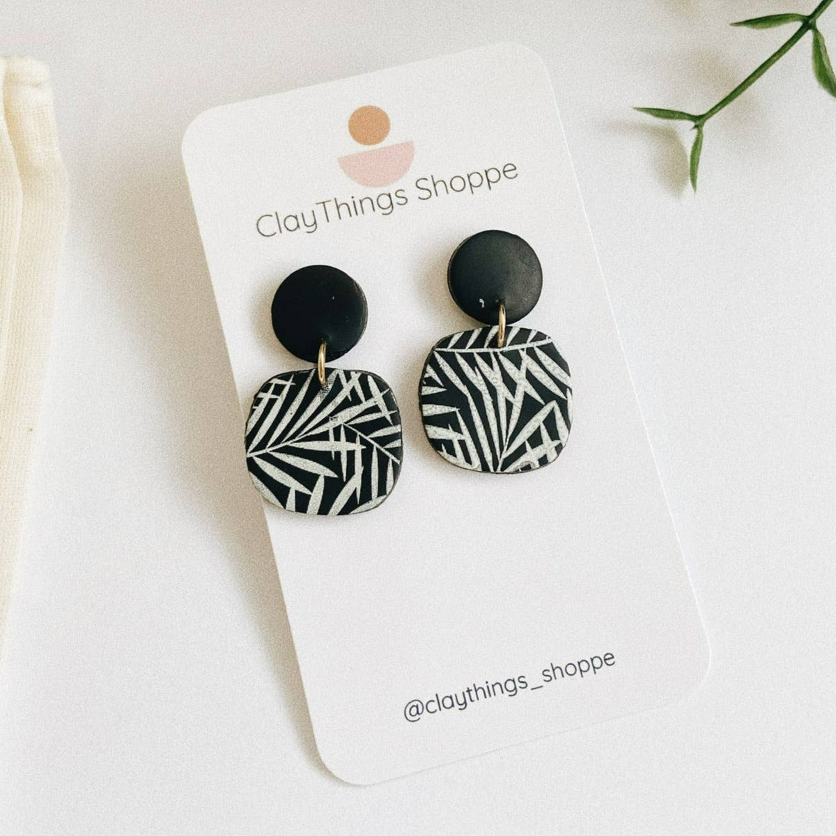 Jessie in B/W Palm Leaves, Polymer Clay Earrings