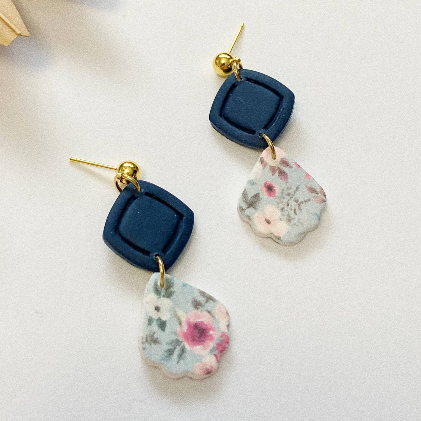Jayne in Blue Florals, Clay Earrings, Clay Dangles