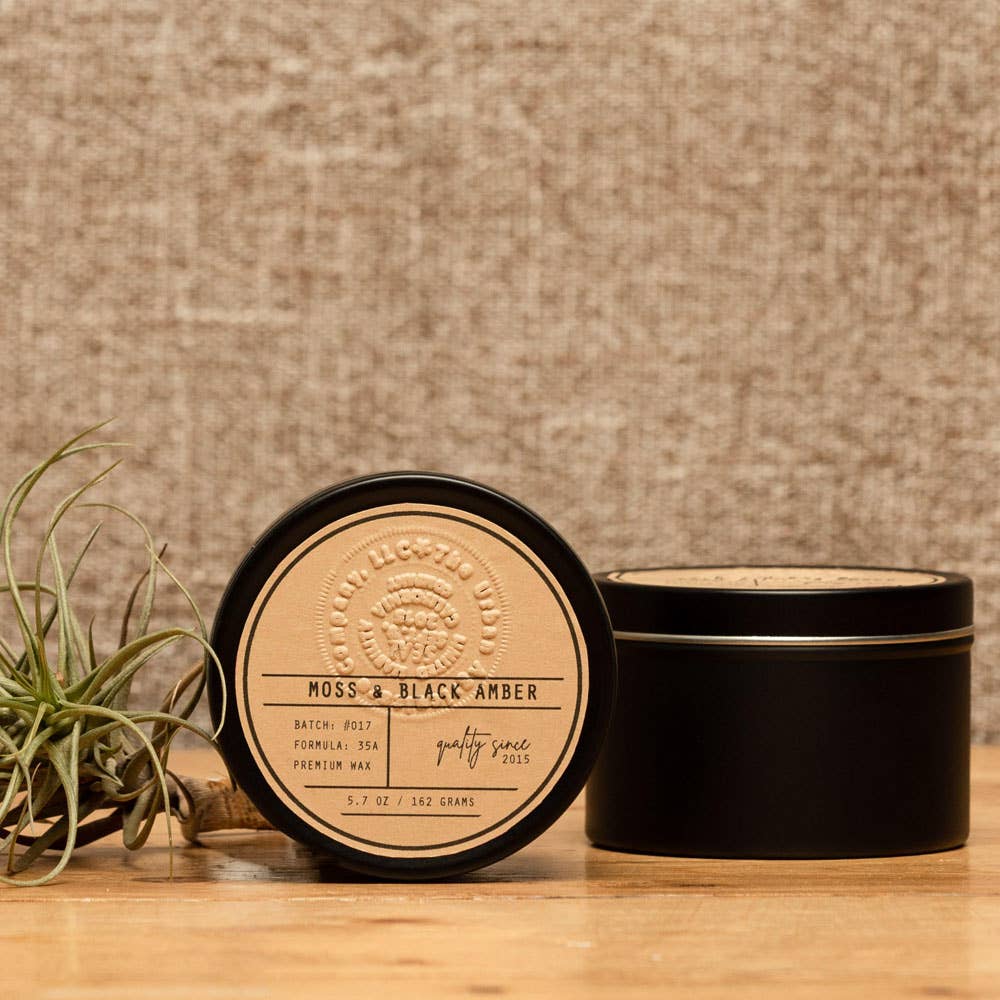 5.7 oz Moss & Black Amber Scented Travel Tin Candle