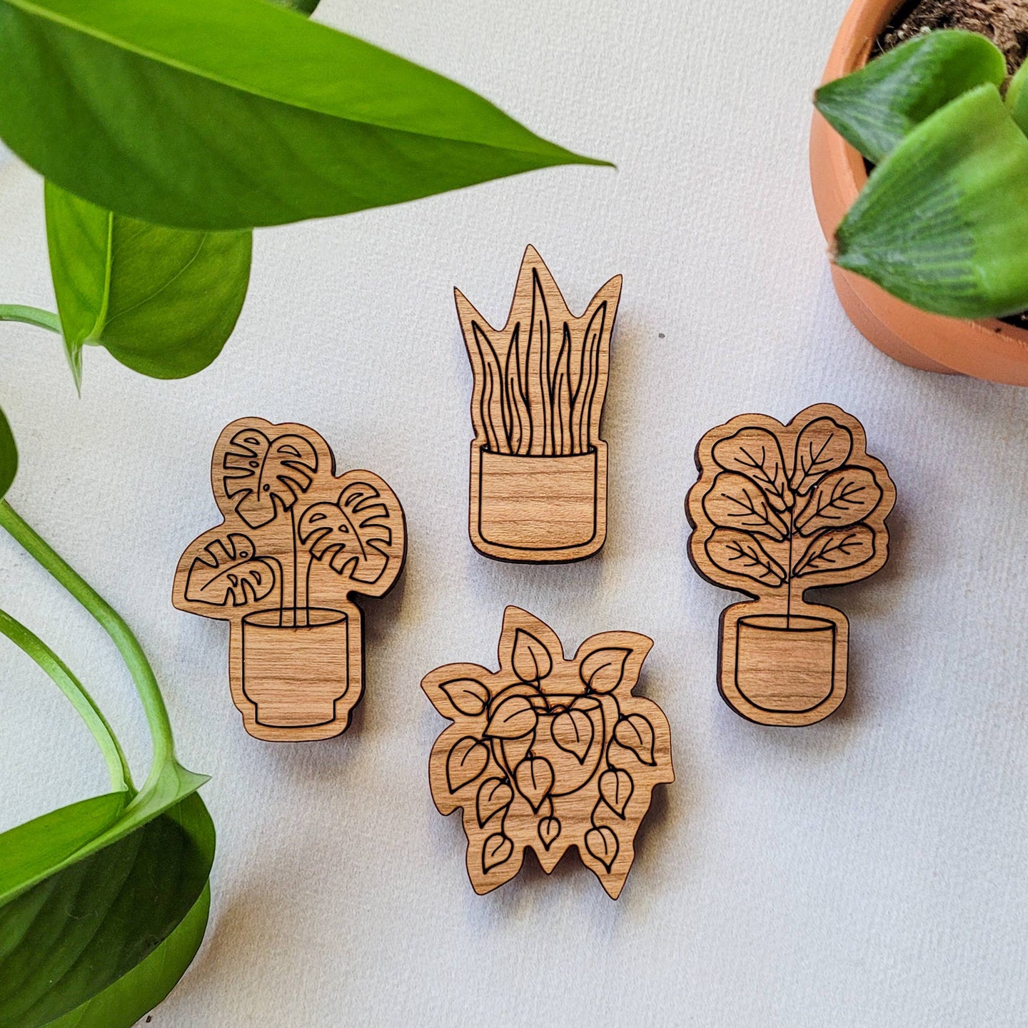 Leaf & Node - Houseplant Magnets (Sets of 4) - Wood Engraved